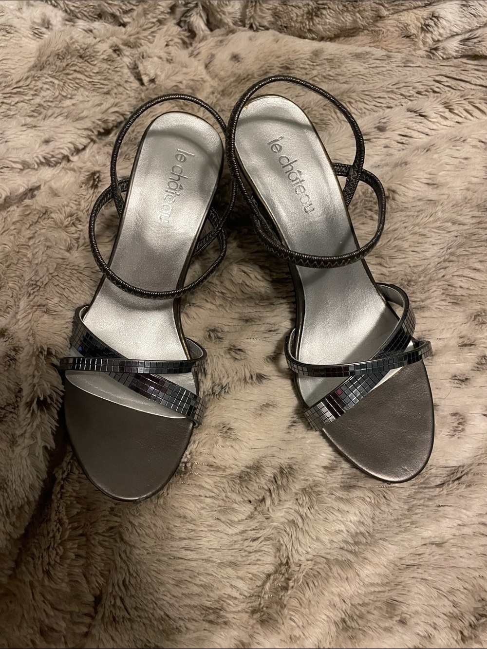 le chateau Metallic Gunmetal Mosaic Strap Heels